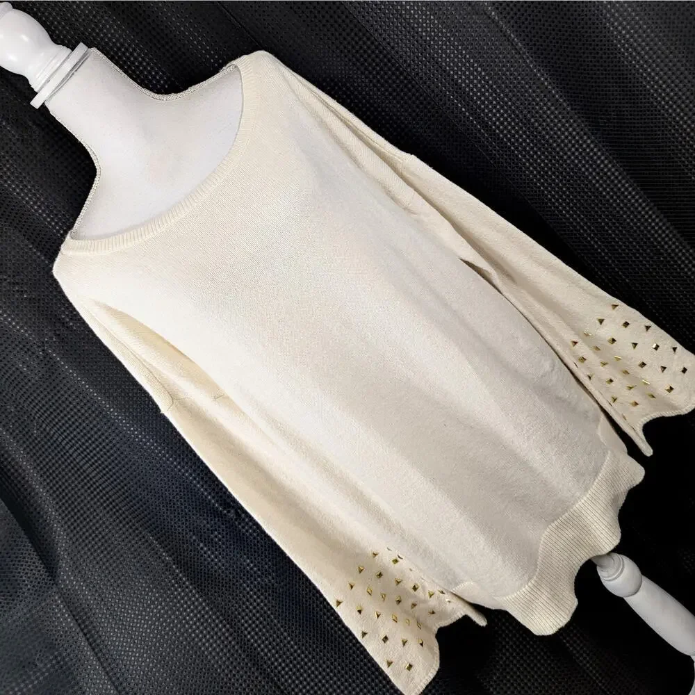 MICHAEL KORS! VANILLA CREAM BELL SLEEVE GOLD STUDDED SCOOP SWEATER! SZ XL - Picture 10 of 10
